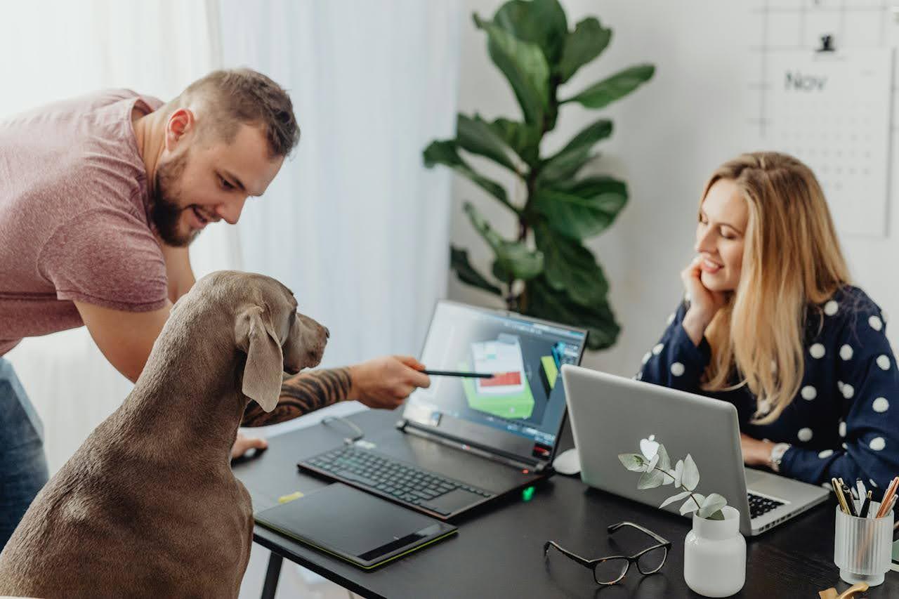 Two people working from home with their dog