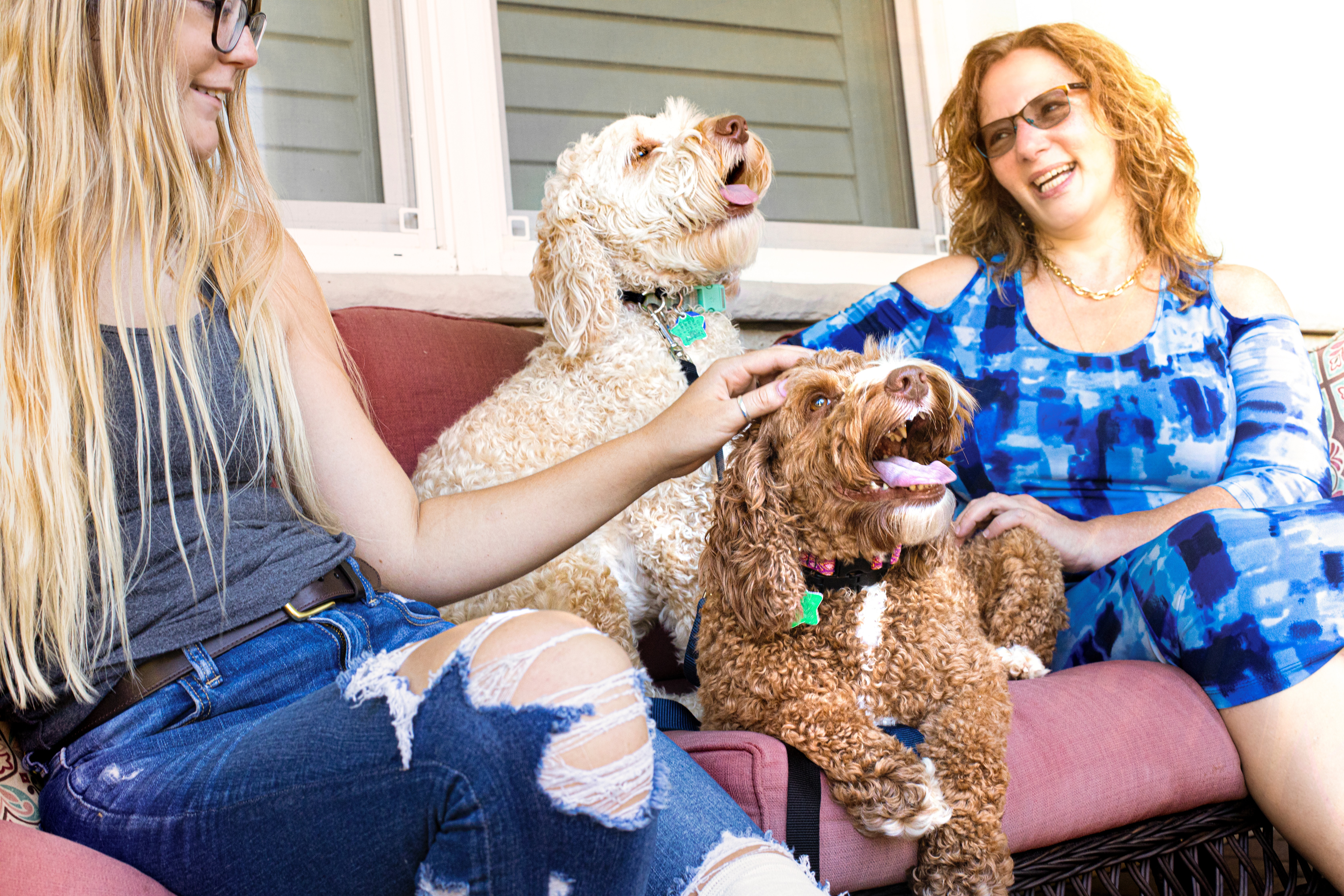 Two people at home with two dogs on porch 